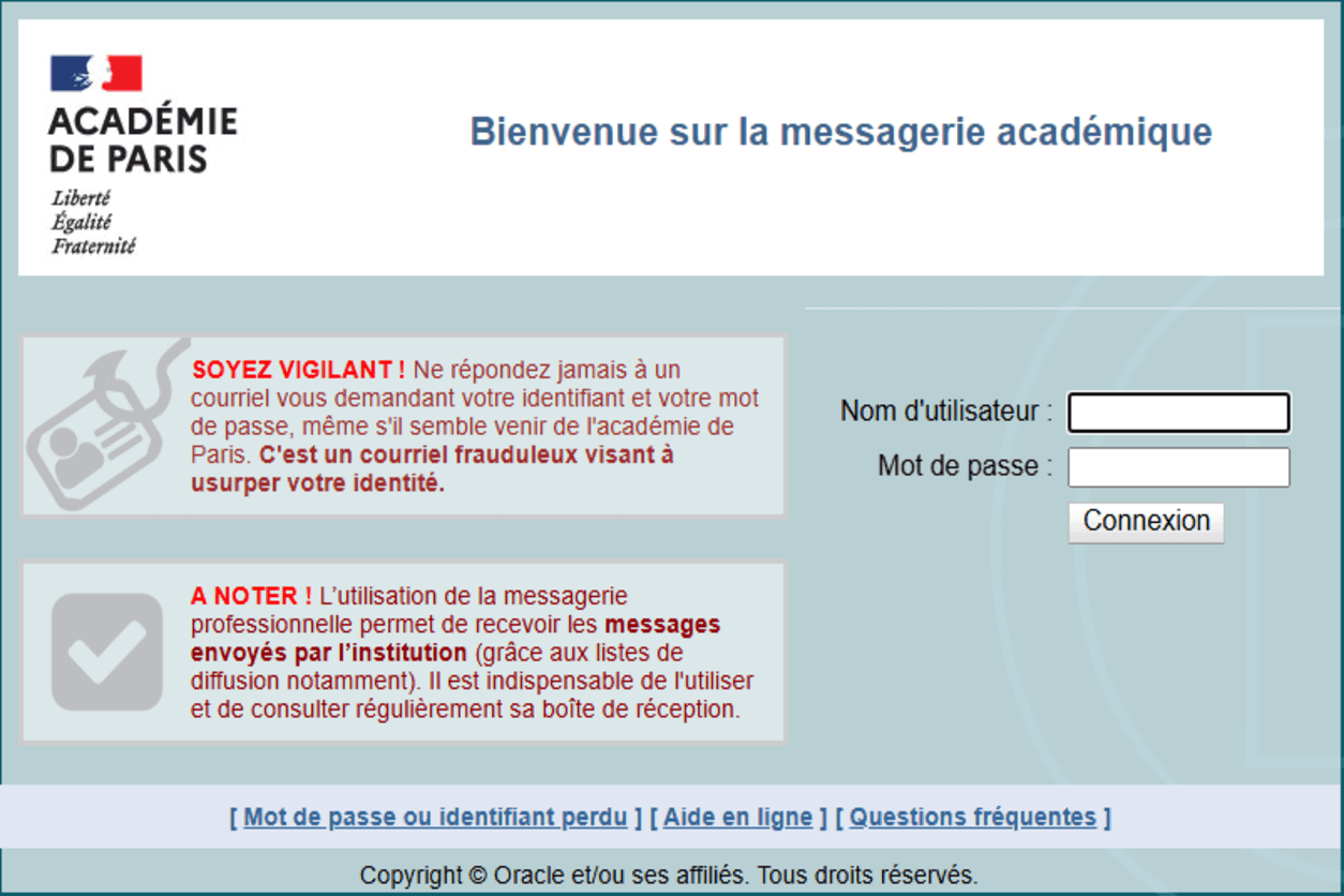 Webmail ac Paris : Page de connexion